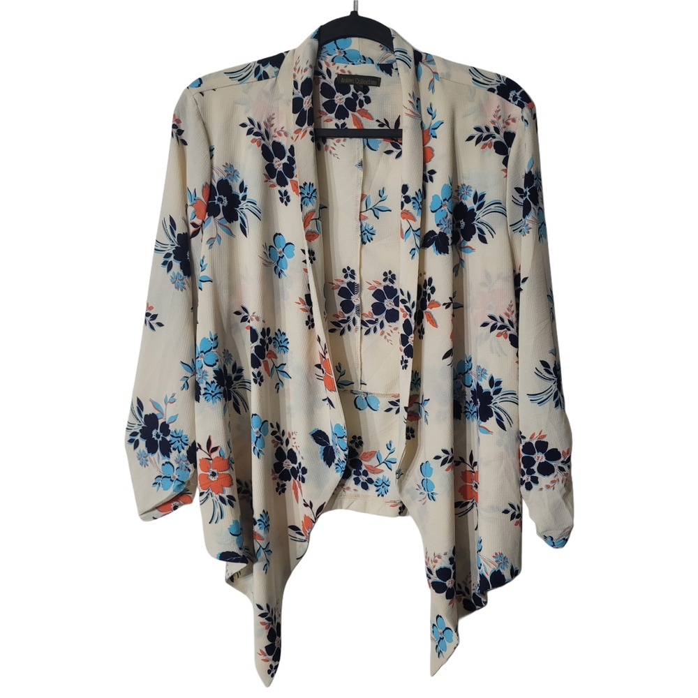 Floral Open-Front Cardigan - Cream and Blue Size XXL